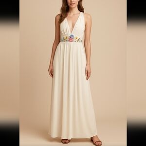 Vintage handmade deep plunging v neck halter  floral embroidered dress white XS